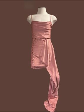Dusty Rose Satin Mini Dress with Draped Side Train